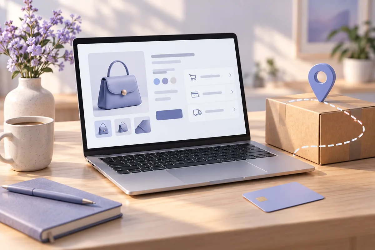 Ноутбук с условным интерфейсом магазина, банковская карта и посылка с голубым значком местоположения на светлом столе